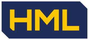 A navy blue parallelogram with the yellow capital letters "HML" centered inside.
