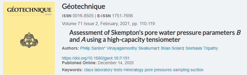 Assessment of Skempton’s pore water pressure parameters B and A using a high-capacity tensiometer