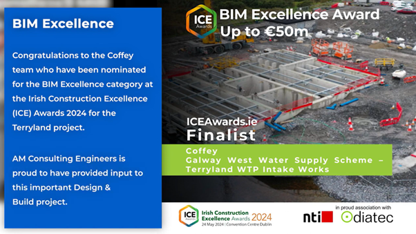 Promotional graphic announcing Coffey as a BIM Excellence finalist at the 2024 ICE Awards for the Terryland project, featuring a photo of the construction site.