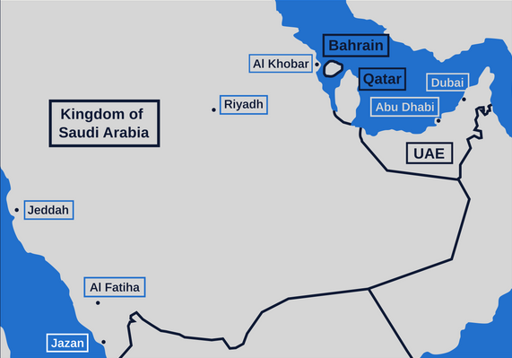 Map showing parts of Saudi Arabia, UAE, Qatar, and Bahrain with major cities labeled—ideal for civil or design advisory use.